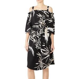 N Natori Black Leaf Print Crepe Dress Short Sleeve Knee Length Womens Medium